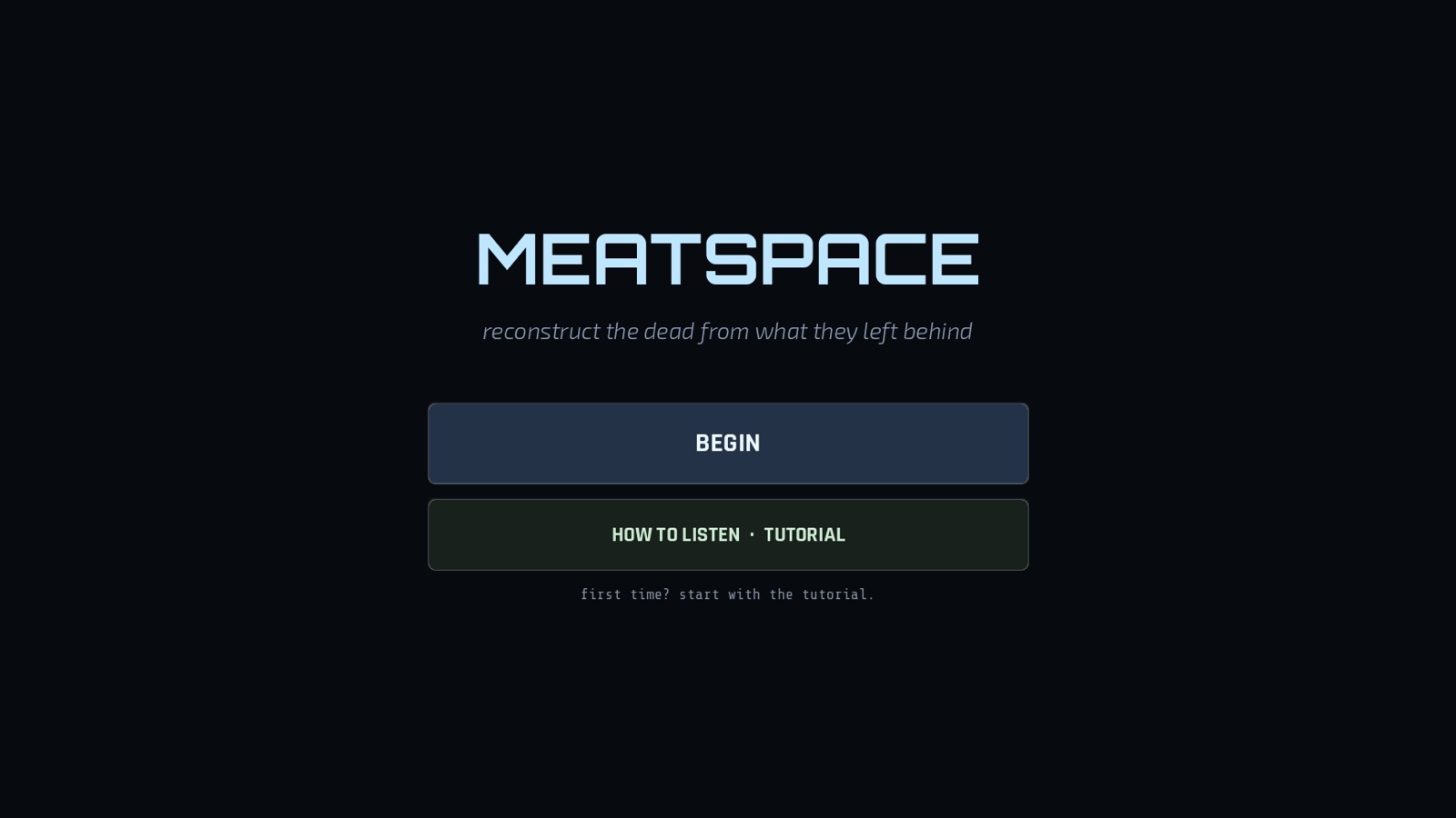 The title screen — the MEATSPACE wordmark over a dark warm field.