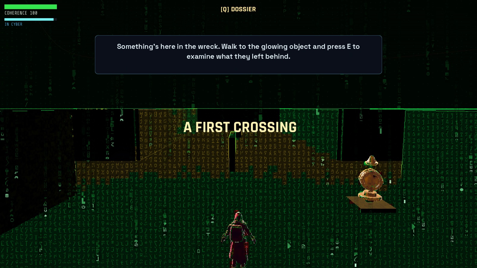 The same room seen in cyber — a dense field of green glyphs, the Lattice's data-view.