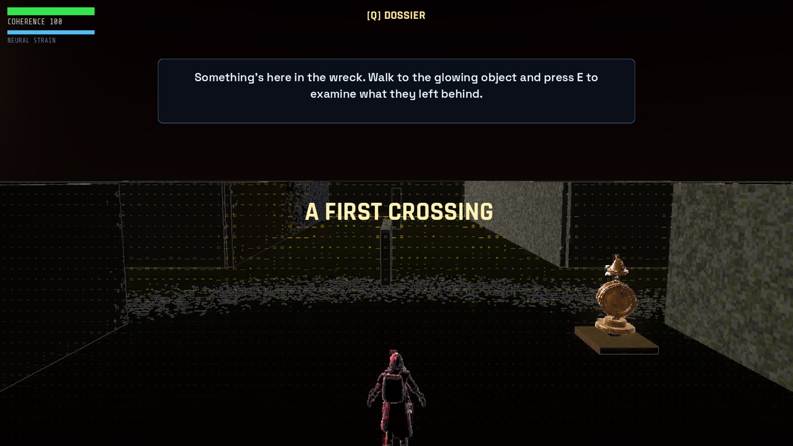 The player crossing the wreck toward a glowing artifact, warm key light raking the far wall.